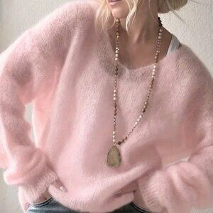 Pink Casual Women's Plush Mohair Sweater